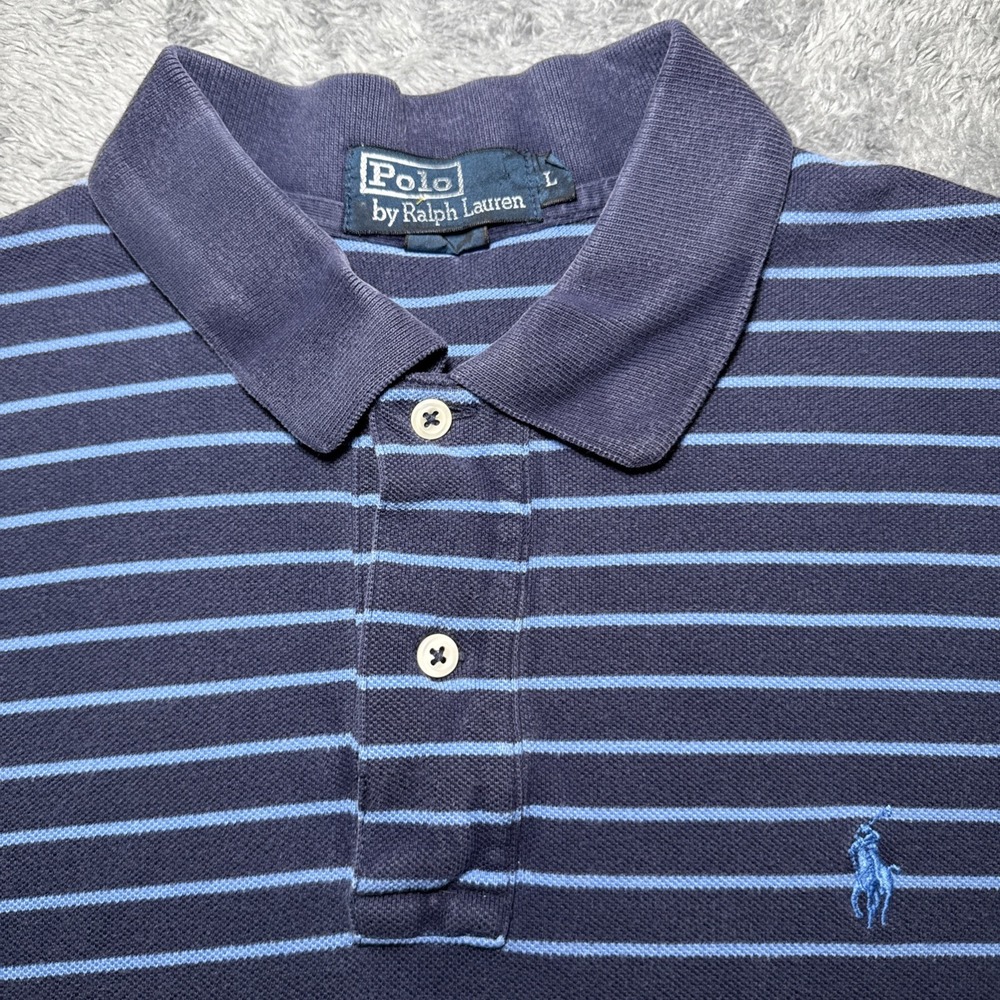 Vintage Y2K Polo Ralph Lauren Men's L Short Sleeve Blue Striped Cotton Shirt